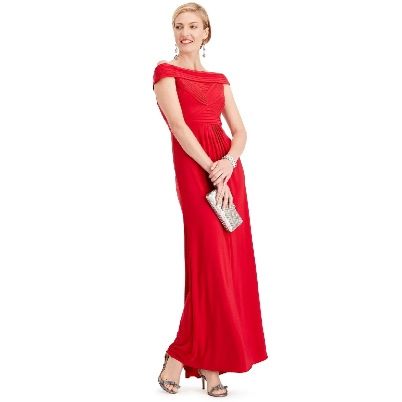 high slit evening dress -Adrianna Papell Women's Pintuck Off-The-Shoulder Gown Red Size 4