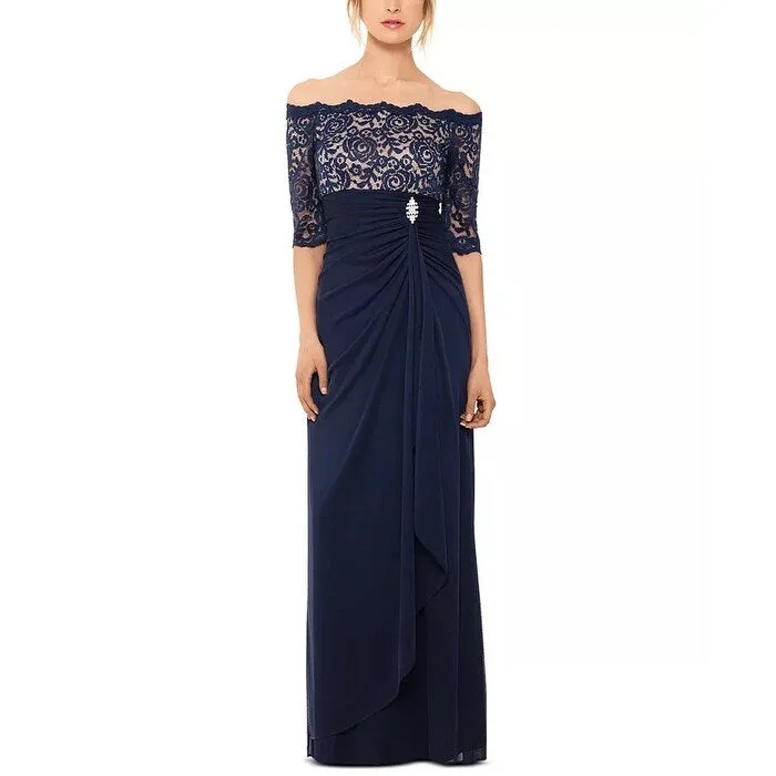 elegant charcoal evening dress -B & A By Betsy & Adam Women's Off The Shoulder Lace Gown Blue Size 14