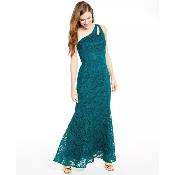 black evening dress with sequins -BCX Juniors' One Shoulder Glitter Lace Gown Green Size 3