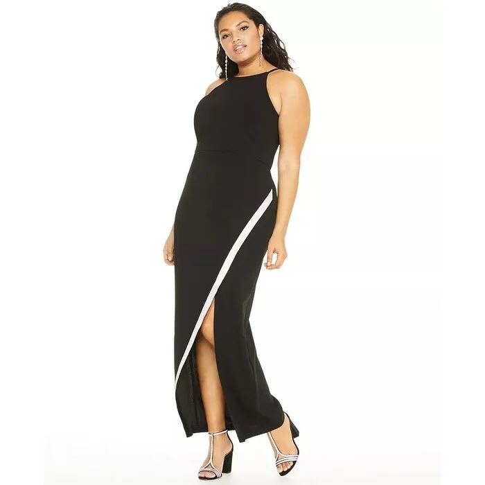 long sleeve evening dress -BCX Women's Trendy Plus Size Rhinestone Bias Slit Gown Black Size Extra Large