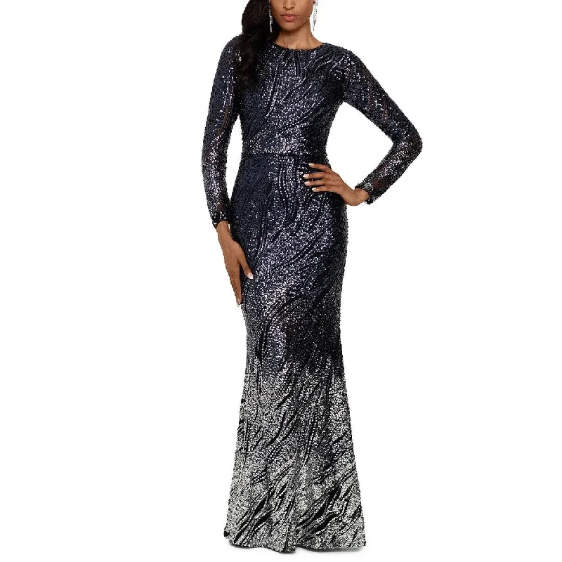 purple holiday evening dress -Betsy & Adam Women's Long-Sleeve Ombré Sequined Gown Navy Size 6