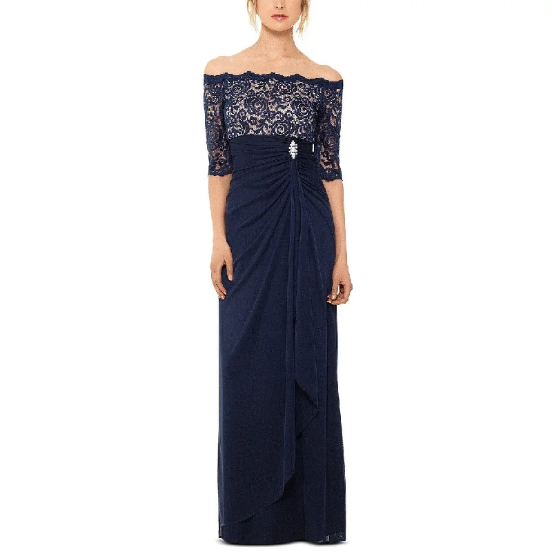 purple holiday evening dress -Betsy & Adam Women's Off-The-Shoulder Lace Gown Dark Blue Size 4