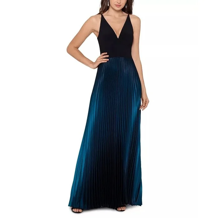 green satin evening dress -Betsy & Adam Women's Ombre Pleated V Neck Gown Blue Black Size 12