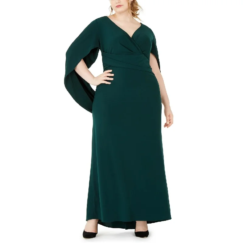 elegant coral evening dress -Betsy & Adam Women's Plus Size Capelet Gown Dark Green Size 18W