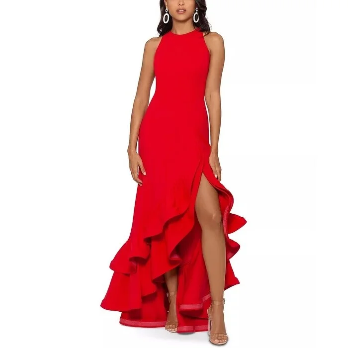 blue velvet evening dress -Betsy & Adam Women's Tiered Ruffles Scuba Crepe Gown Red Size 10