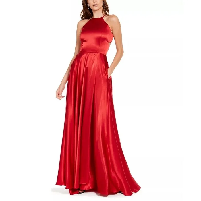 trendy plum evening dress -Blondie Nites Junior's Lace Up Satin Gown Red Size 1