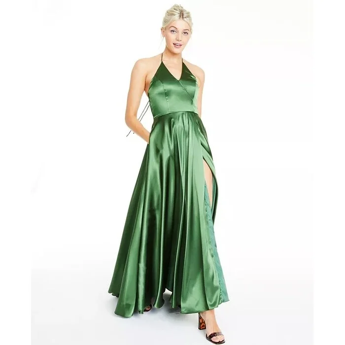 white fall evening dress -Blondies Nites Women's Side Slit Halter Gown Green Size 11