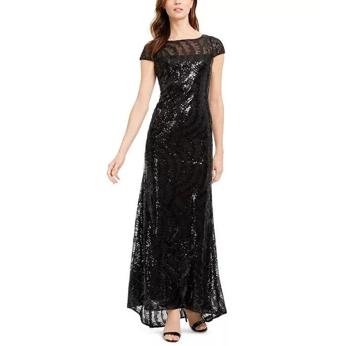 red picnic evening dress -Calvin Klein Women's Cap-Sleeve Sequined V-Back Gown Black Size 6