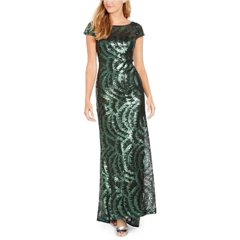 black plus size evening dress -Calvin Klein Women's Cap-Sleeve Sequined V-Back Gown Green Size 14