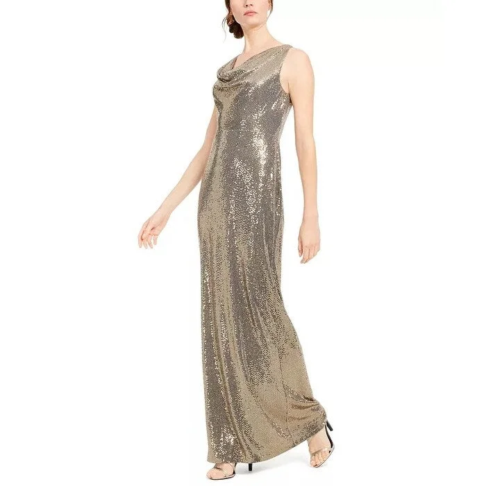 blue velvet evening dress -Calvin Klein Women's Sequined Cowlneck Gown Gold Size 12