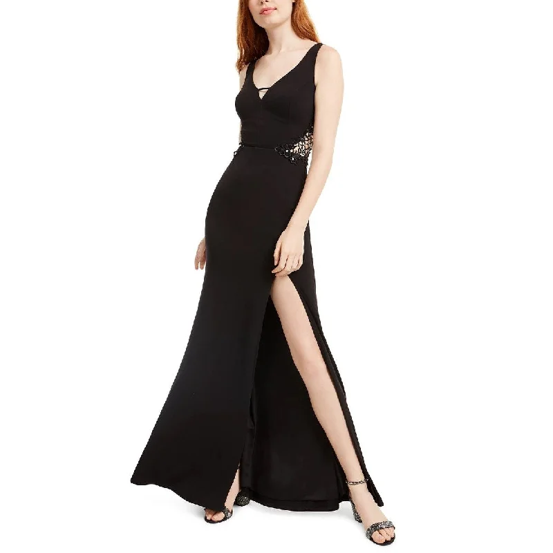 black striped evening dress -City Studios Junior's Embellished Applique Slit Gown Black Size 0