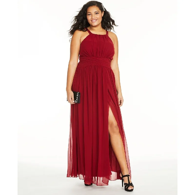 trendy mauve evening dress -City Studios Women's Trendy Plus Size Ruched Chiffon Slit Gown Red Size18