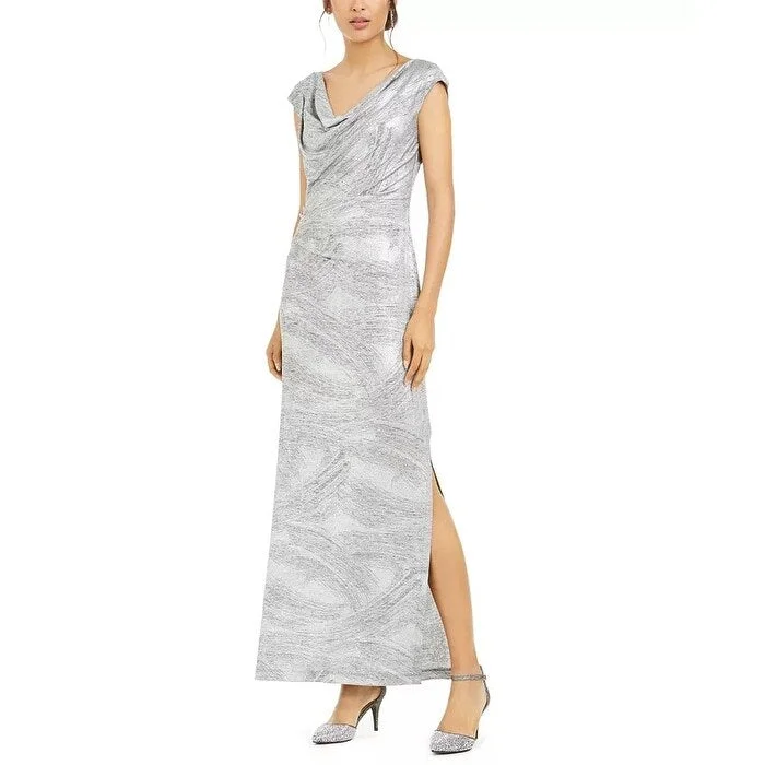 elegant grey evening dress -Connected Women's Cowlneck Metallic Slit Gown Gray Size 8