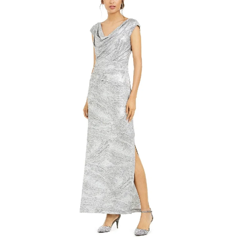 casual opal evening dress -Connected Women's Cowlneck Metallic Slit Gown Silver Size 10