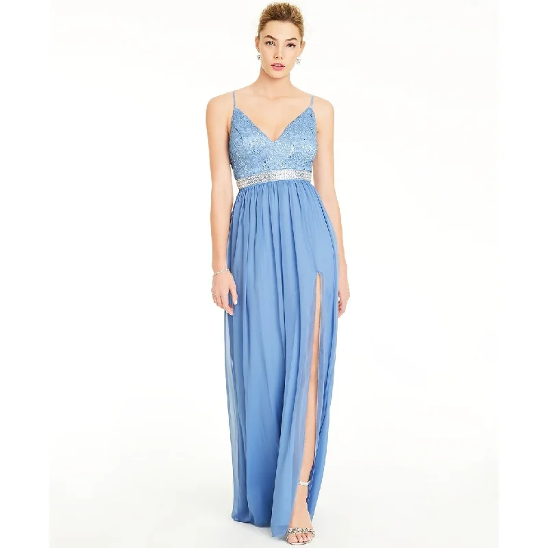 trendy aqua evening dress -Emerald Sundae Juniors' Lace & Chiffon Gown Blue Size 0