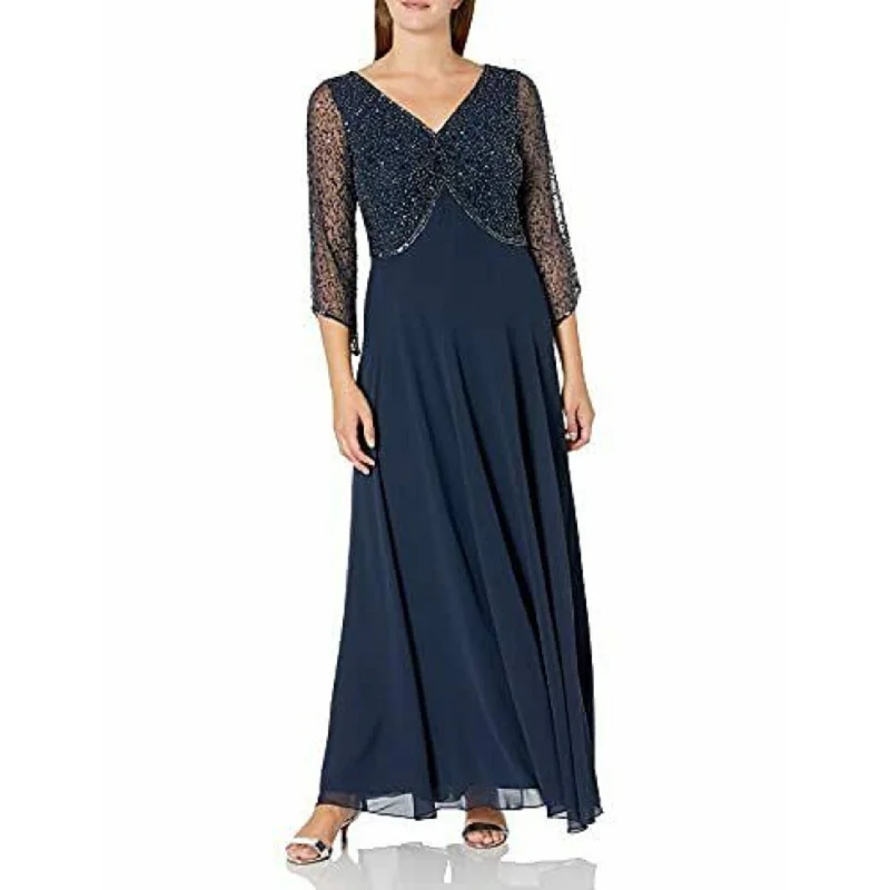 casual denim evening dress -J Kara Women's Embellished 3/4-Sleeve Gown Blue Size 8