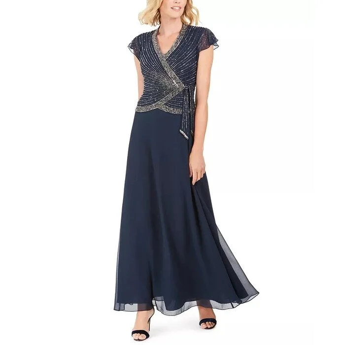 trendy teal evening dress -J Kara Women's Embellished Side Tie Gown Navy Size 14