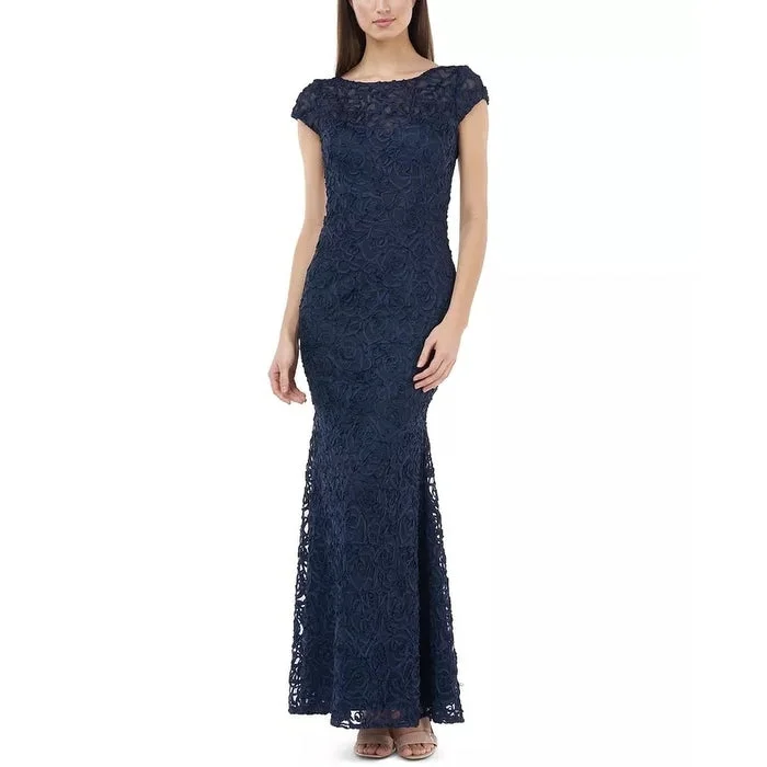 floral evening dress for summer -JS Collections Women's Soutache Mesh Gown Navy Size 16