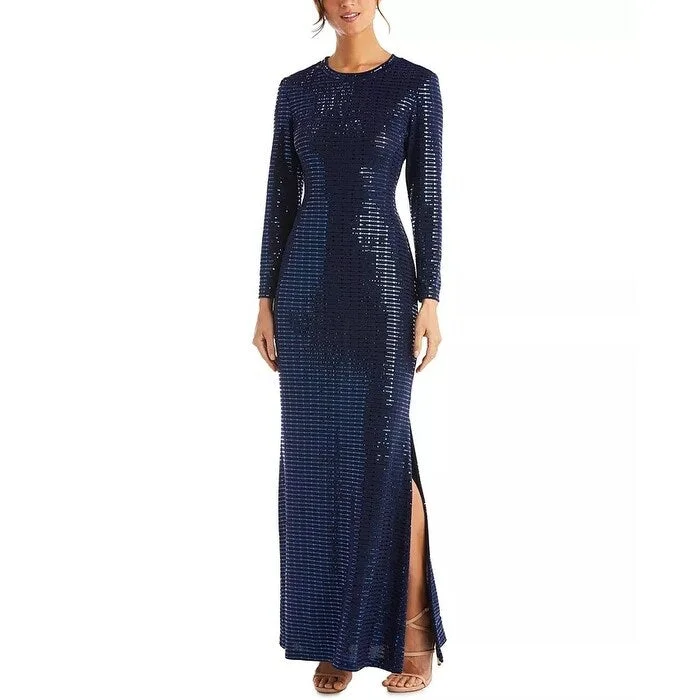 pink long sleeve evening dress -Morgan & Co. Women's Long Sleeve Sequin Knit Gown Navy Size Small