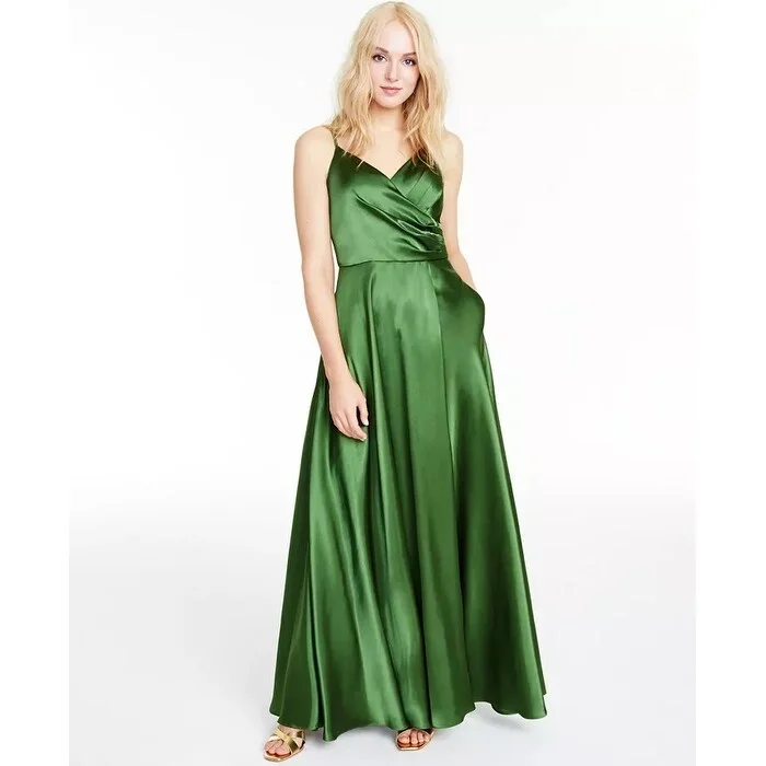 red long sleeve evening dress -Morgan & Co Women's Pleated Surplice Satin Gown Green Size 7