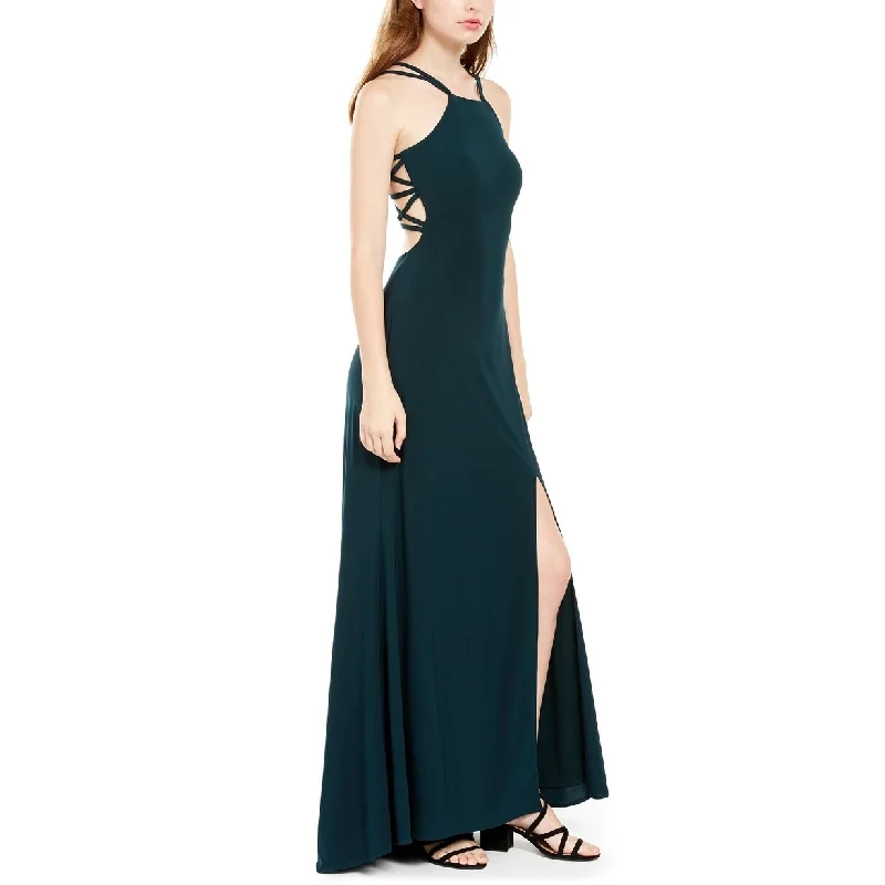 trendy navy evening dress -Morgan & Company Junior's Ladder Back Halter Gown Dark Green Size 7