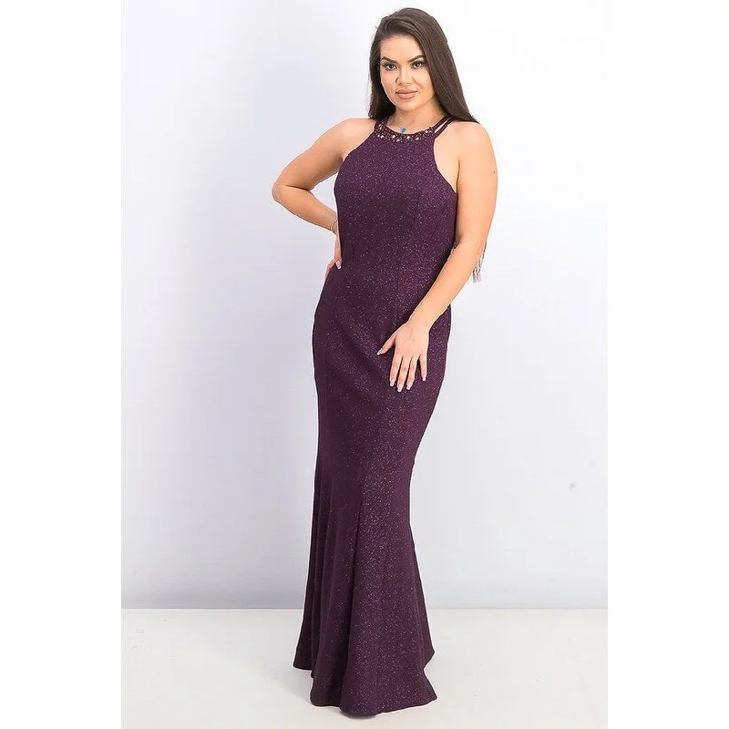 pink embroidered evening dress -Nightway Women's Glitter-Knit Gown Dark Purple Size 14