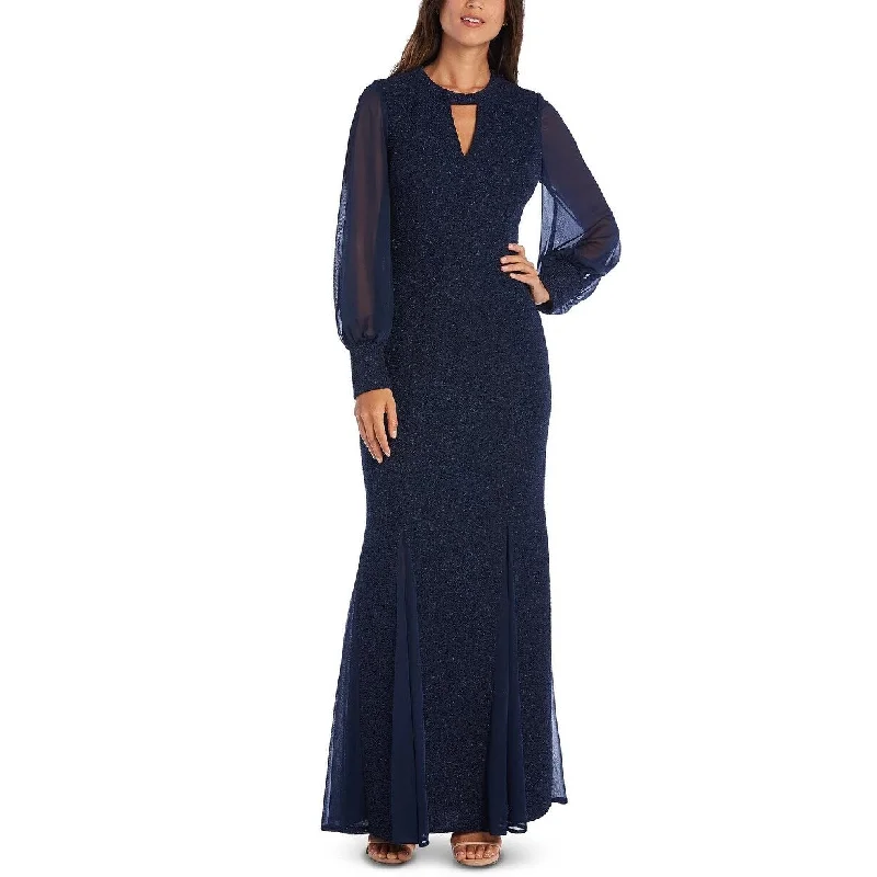 casual peach evening dress -Nightway Women's Long-Sleeve Keyhole Gown Navy Size 6