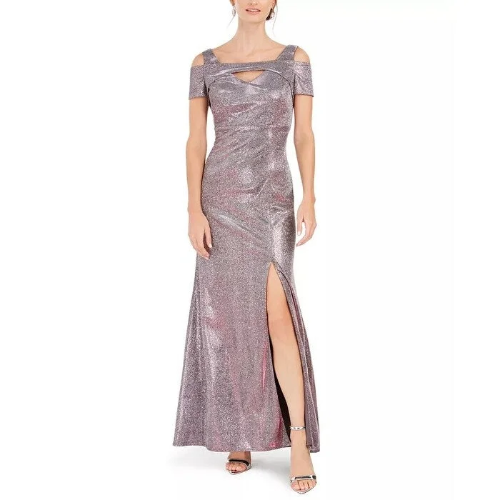 trendy burgundy evening dress -Nightway Women's Metallic Cold-Shoulder Gown Purple Size 4