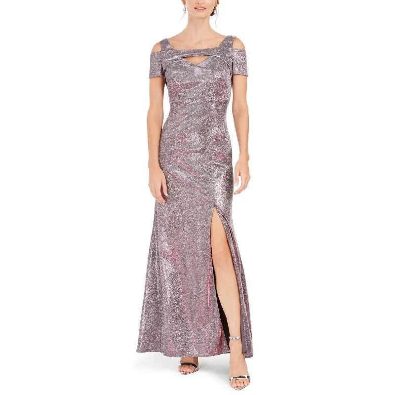 trendy peach evening dress -Nightway Women's Metallic Cold-Shoulder Gown Purple Size 8