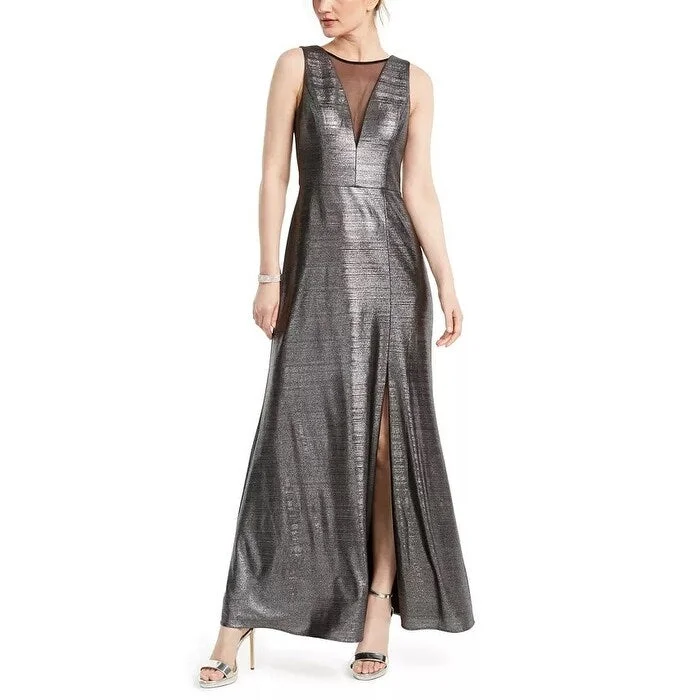 purple designer evening dress -Nightway Women's Metallic Illusion-Mesh Gown Gray Size 14