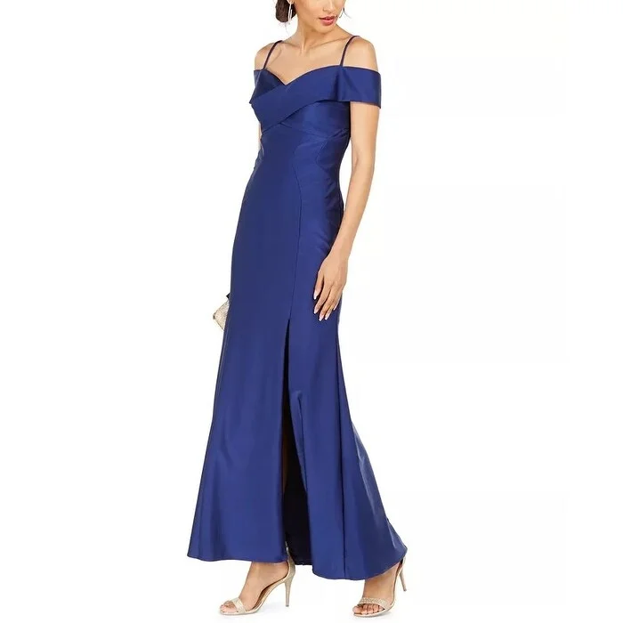 casual mauve evening dress -Nightway Women's Off-The-Shoulder Sateen Slit Gown Navy Size 8