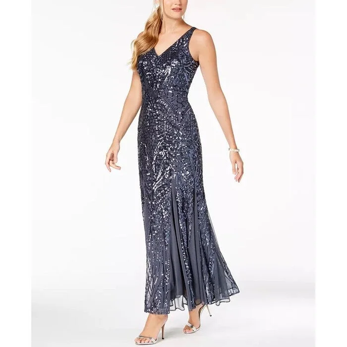 white high low evening dress -Nightway Women's Sequined Mesh Gown Grey Size 14