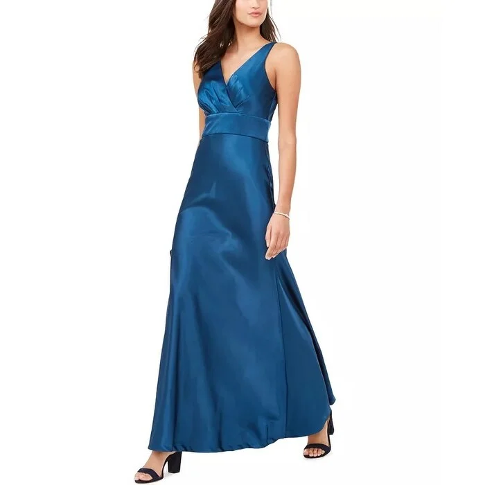 halter evening dress online -Nightway Women's V-Neck Satin Gown Blue Size 4 P