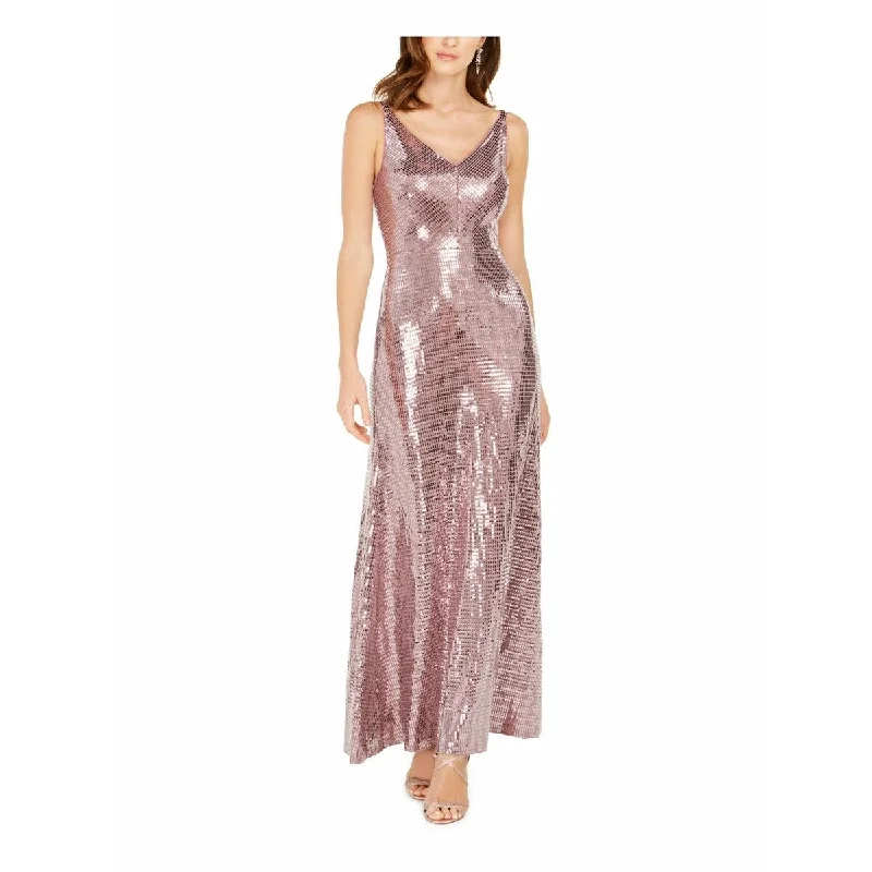 casual sapphire evening dress -Nightway Women's V-Neck Sequined-Dot Gown Medium Pink Size 4