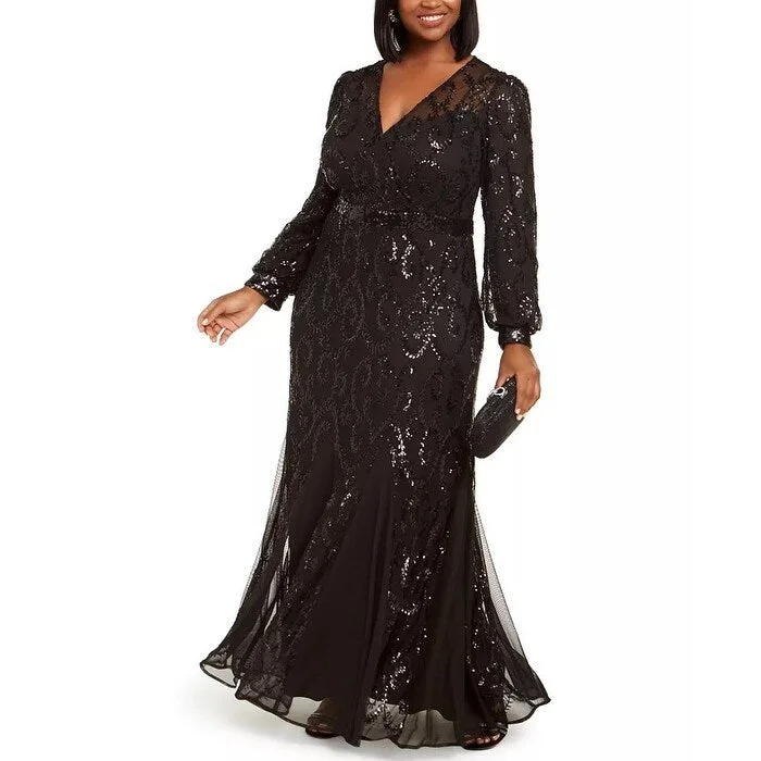 blue backless evening dress -R & M Richards Women's Plus Surplice Sequined Gown Black Size 20W