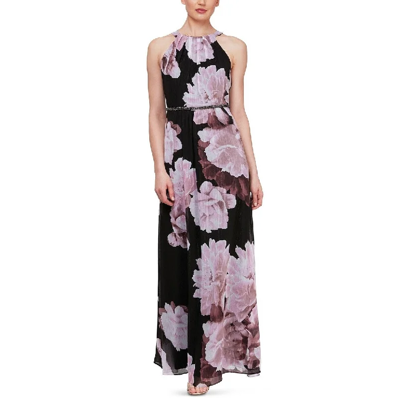 green floral evening dress -S.L Fashions Women's Embellished Floral-Print Gown Black Size 12