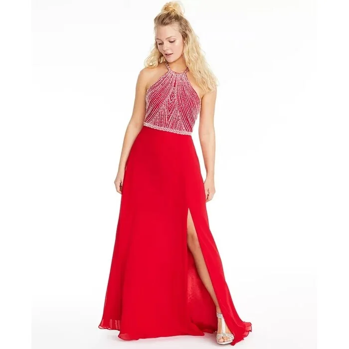 blue maternity evening dress -Say Yes To The Prom Juniors' Allover-Beaded Halter Gown Red Size 0