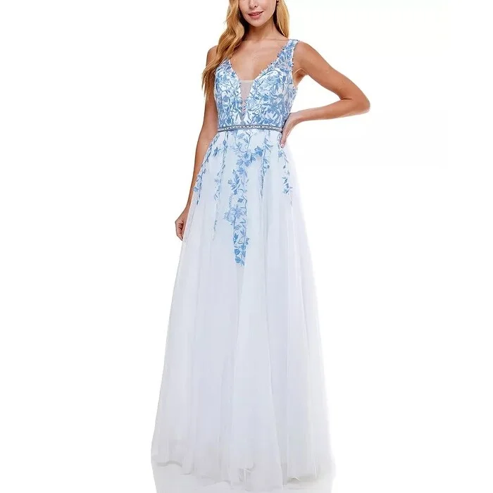 blue off shoulder evening dress -Say Yes To The Prom Junior's Embellished Embroidered Gown Blue Size 9