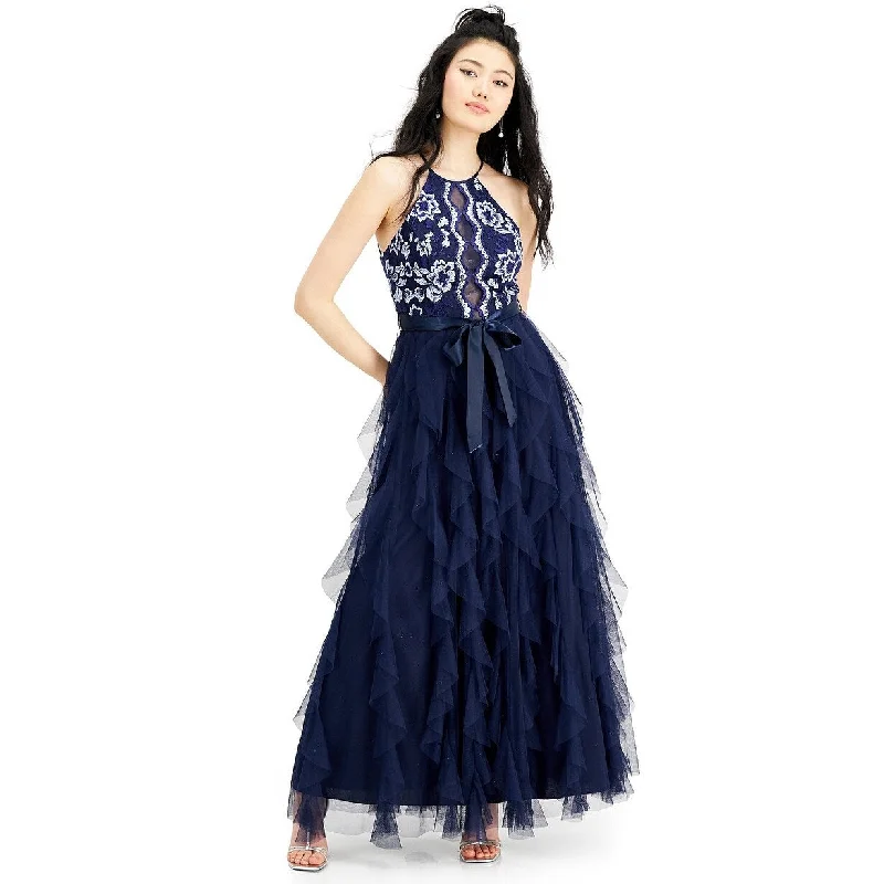 velvet evening dress winter -Teeze Me Juniors' Embroidered-Top Layered-Skirt Gown Navy Size 3