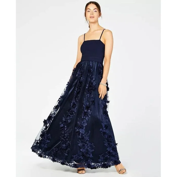 navy evening dress for gala -Trixxi Juniors' Flower-Petals Gown Navy Size 11