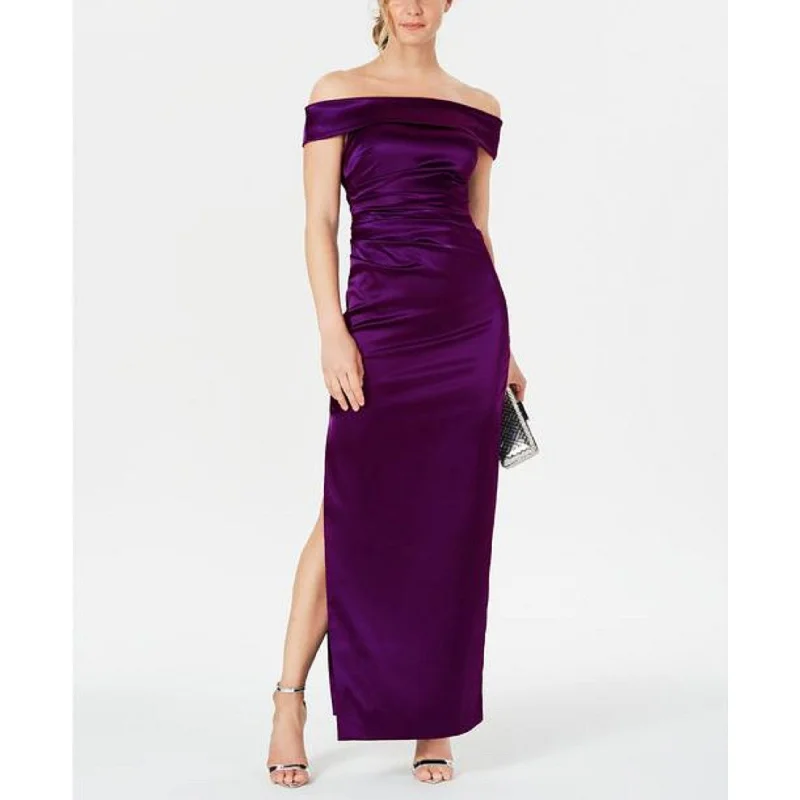 red picnic evening dress -Vince Camuto Women's Off-Shoulder Ruched-Waist Gown Dark Purple Size 10