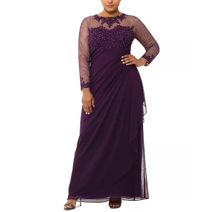 black ruffle evening dress -Xscape Women's Embellished Illusion Long Sleeve Ruched Gown Purple Size 18W