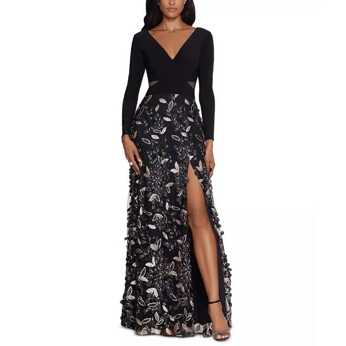 designer evening dress rental -XSCAPE Women's Embellished V Neck Gown Charcoal Size 8 Petite - 8P