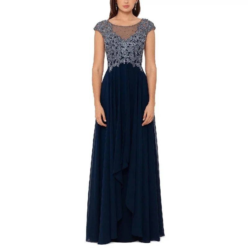 black off shoulder evening dress -XSCAPE Women's Embroidered Top Chiffon Gown Blue Size 8