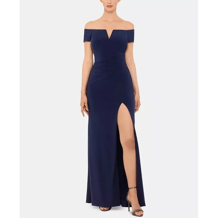 white evening dress for party -Xscape Women's Off The Shoulder Ruched Gown Navy Size 8 Petite - 8 Petite