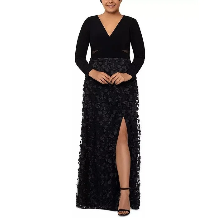 black velvet evening dress -XSCAPE Women's Plus 3D Floral Applique Gown Black Size Petite Small - Petite Small