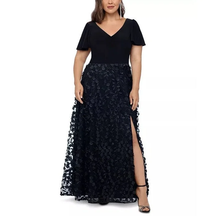 trendy floral evening dress -XSCAPE Women's Plus 3D Floral Gown Black Size 22W