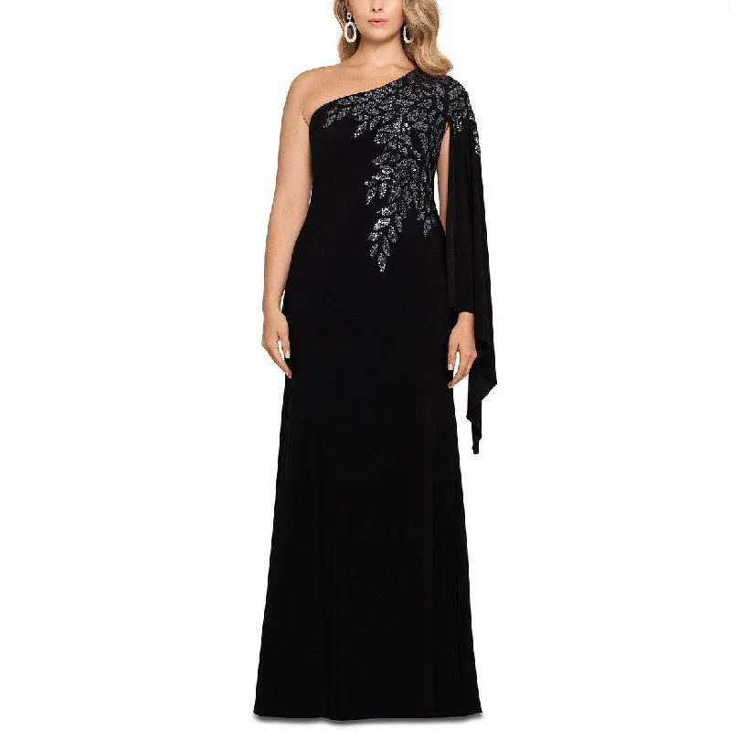 elegant teal evening dress -Xscape Women's Plus Size One-Shoulder Beaded Cape Gown Black Size 14W