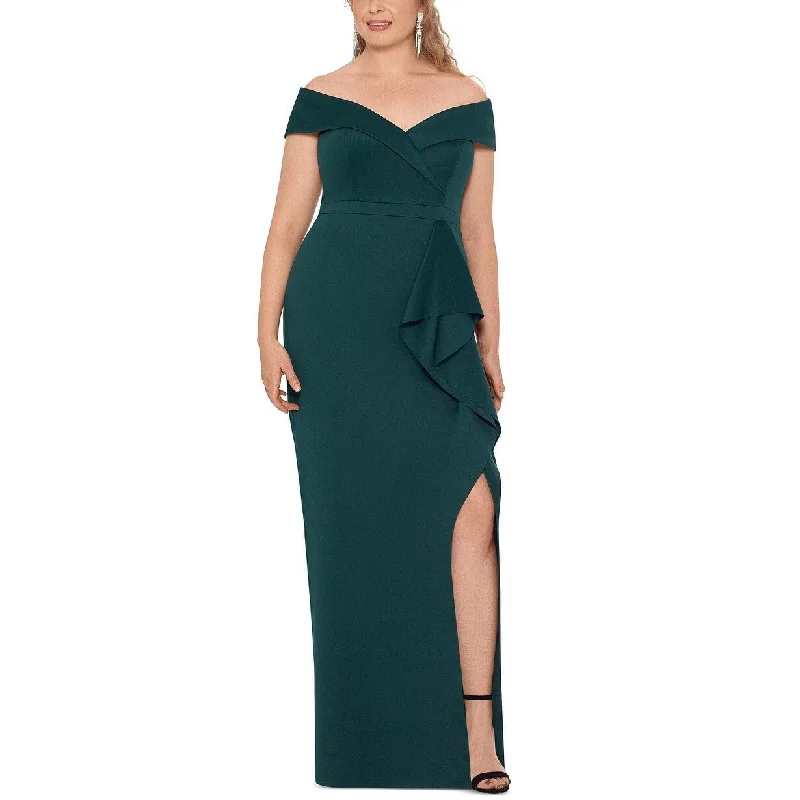 blue off shoulder evening dress -Xscape Women's Plus Size Ruffled Off-The-Shoulder Gown Green Size 16