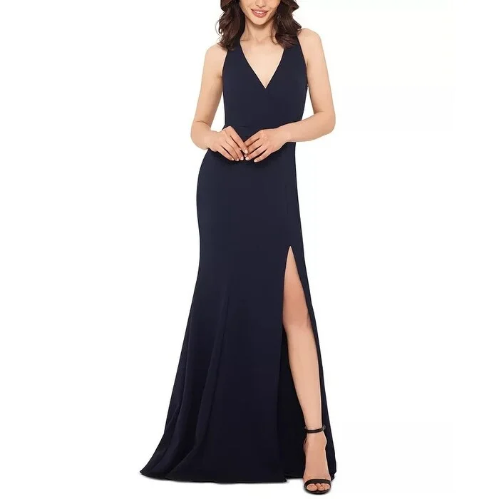 trendy charcoal evening dress -XSCAPE Women's Side-Slit Gown Navy Size 12